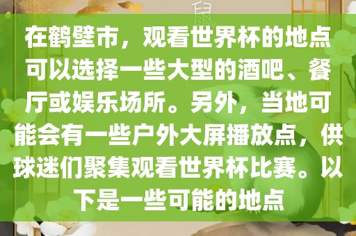 在鹤壁市，观看世界杯的地点可以选择一些大型的酒吧、餐厅或娱乐场所。另外，当地可能会有一些户外大屏播放点，供球迷们聚集观看世界杯比赛。以下是一些可能的地点