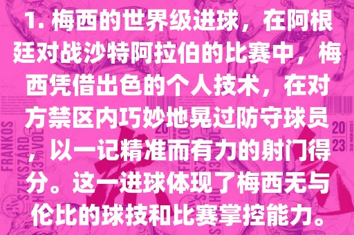 1. 梅西的世界级进球，在阿根廷对战沙特阿拉伯的比赛中，梅西凭借出色的个人技术，在对方禁区内巧妙地晃过防守球员，以一记精准而有力的射门得分。这一进球体现了梅西无与伦比的球技和比赛掌控能力。