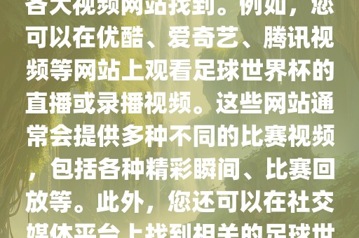 关于足球世界杯的视频可以在各大视频网站找到。例如，您可以在优酷、爱奇艺、腾讯视频等网站上观看足球世界杯的直播或录播视频。这些网站通常会提供多种不同的比赛视频，包括各种精彩瞬间、比赛回放等。此外，您还可以在社交媒体平台上找到相关的足球世界杯视频分享。眉山市正发家政服务有限公司
