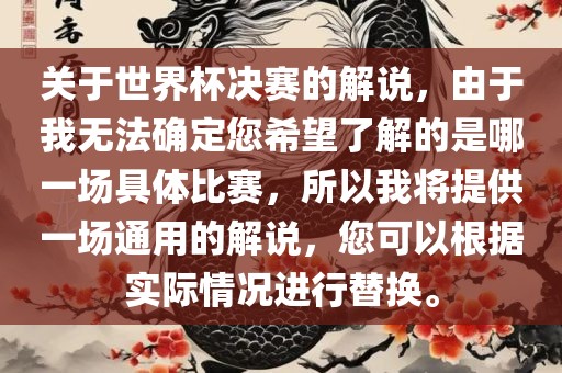关于世界杯决赛的解说，由于我无法确定您希望了解的是哪一场具体比赛，所以我将提供一场通用的解说，您可以根据实际情况进行替换。眉山市正发家政服务有限公司
