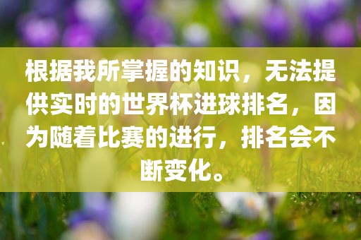 根据我所掌握的知识，无法提供实时的世界杯进球排名，因为随着比赛的进行，排名会不断变化。