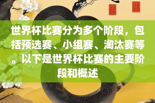 世界杯比赛分为多个阶段，包括预选赛、小组赛、淘汰赛等。以下是世界杯比赛的主要阶段和概述眉山市正发家政服务有限公司