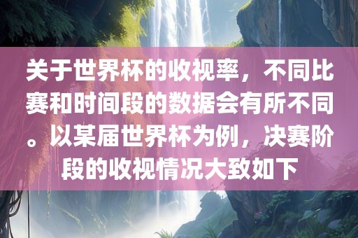 关于世界杯的收视率，不同比赛和眉山市正发家政服务有限公司时间段的数据会有所不同。以某届世界杯为例，决赛阶段的收视情况大致如下