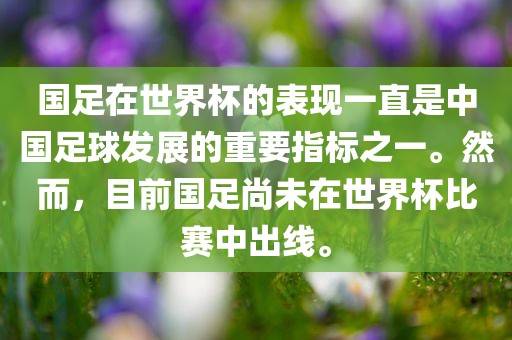 国足在世界杯的表现一直是中国足球发展的重要指标之一。然而，目前国足尚未在世界杯比赛中出线。