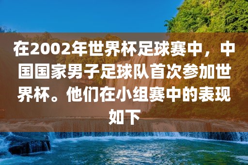 在2002年世界杯足球赛中，中国国家男子足球队首次参加世界杯。他们在小组赛中的表现如下