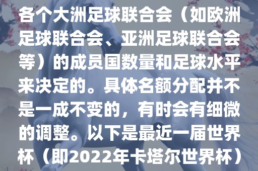 世界杯的名额分配通常是根据各个大洲足球联合会（如欧洲足球联合会、亚洲足球联合会等）的成员国数量和足球水平来决定的。具体名额分配并不是一成不变的，有时会有细微的调整。以下是最近一届世界杯（即2022年卡塔尔世界杯）各大洲的名额分配情况