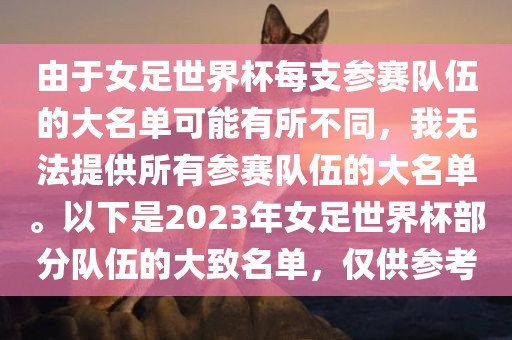 由于女足世界杯每支参赛队伍的大名单可能有所不同，我无法提供所有参赛队伍的大名单。以下是2023年女足世界杯部分队伍的大致名单，仅供参考眉山市正发家政服务有限公司
