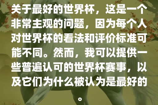 关于最好的世界杯，这是一个非常主观的问题，因为每个人对世界杯的看法和评价标准可能不同。然而，我可以提供一些普遍认可的世界杯赛事，以及它们为什么被认为是最好的。