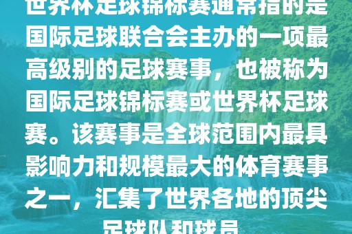 世界杯足球锦标赛通常指的是国际足球联合会主办的一项最高级别的足球赛事，也被称为国际足球锦标赛或世界杯足球赛。该赛事是全球范围内最具影响力和规模最大的体育赛事之一，汇集了世界各地的顶尖足球队和球员。