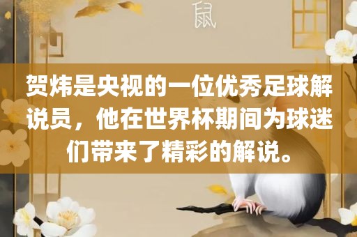 贺炜是央视的一位优秀足球解说员，他在世界杯期间为球迷们带来了精彩的解说。眉山市正发家政服务有限公司