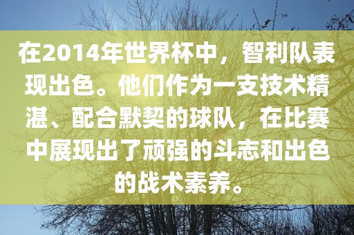 在2014年世界杯中，智利队表现出色。他们作为一支技术精湛、配合默契的球队，在比赛中展现出了顽强的斗志和出色的战术素养。眉山市正发家政服务有限公司