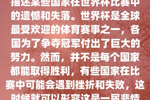 悲情世界杯这个说法可以用来描述某些国家在世界杯比赛中的遗憾和失落。世界杯是全球最受欢迎的体育赛事之一，各国为了争夺冠军付出了巨大的努力。然而，并不是每个国家都能取得胜利，有些国家在比赛中可能会遇到挫折和失败，这时候就可以形容这是一届悲情世界杯。眉山市正发家政服务有限公司