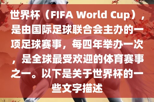 世界杯（FIFA World Cup），是由国际足球联合会主办的一项足球赛事，每四年举办一次，是全球最受欢迎的体育赛事之一。以下是关于世界杯的一些文字描述