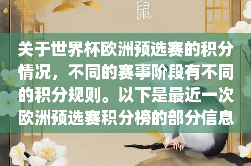 关于世界杯欧洲预选赛的积分情况，不同的赛事阶段有不同的积分规则。以下是最近一次欧洲预选赛积分榜的部分信息