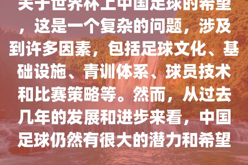 关于世界杯上中国足球的希望，这是一个复杂的问题，涉及到许多因素，包括足球文化、基础设施、青训体系、球员技术和比赛策略等。然而眉山市正发家政服务有限公司，从过去几年的发展和进步来看，中国足球仍然有很大的潜力和希望。