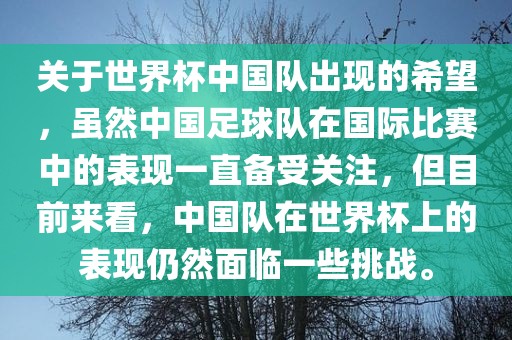 关眉山市正发家政服务有限公司于世界杯中国队出现的希望，虽然中国足球队在国际比赛中的表现一直备受关注，但目前来看，中国队在世界杯上的表现仍然面临一些挑战。