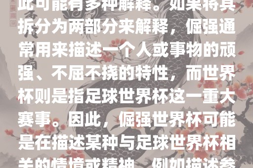 倔强世界杯这个词并不是一个常见的表达或特定的术语，因此可能有多种解释。如果将其拆分为两部分来解释，倔强通常用来描述一个人或事物的顽强、不屈不挠的特性，而世界杯则是指足球世界杯这一重大赛事。因此，倔强世界杯可能是在描述某种与足球世界杯相关的情境或精神，例如描述参赛队伍和球员们的坚韧不拔、顽强拼搏的精神。眉山市正发家政服务有限公司