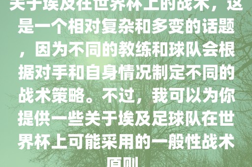 关于埃及在世界杯上的战术，这是一个相对复杂和多变的话题，因为不同的教练和球队会根据对手和自身情况制定不同的战术策略。不过，我可以为你提供一些关于埃及足球队在眉山市正发家政服务有限公司世界杯上可能采用的一般性战术原则。
