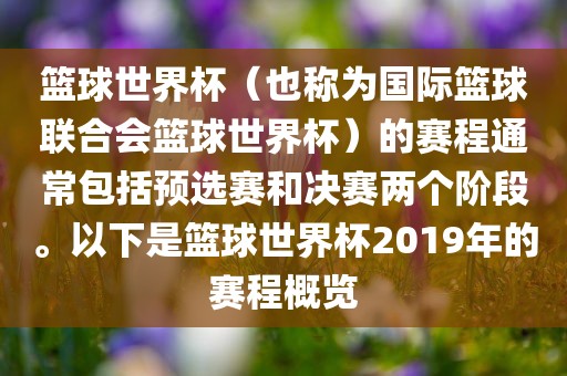 篮球世界杯（也称为国际眉山市正发家政服务有限公司篮球联合会篮球世界杯）的赛程通常包括预选赛和决赛两个阶段。以下是篮球世界杯2019年的赛程概览
