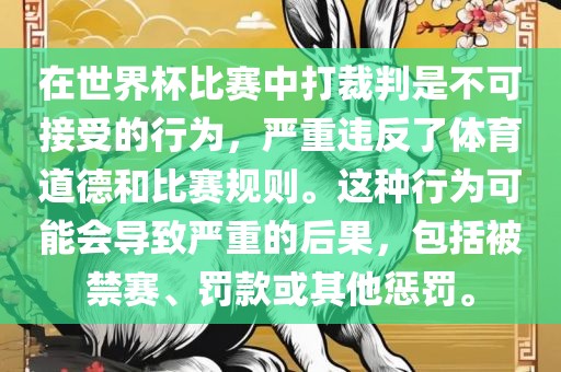 在世界杯比赛中打裁判是不可接受的行为，严重违反了体育道德和比赛规则。这种行为可能会导致严重的后果，包括被禁赛、罚款或其他惩罚。