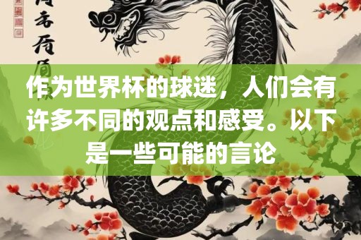 作为世界杯的球迷，人们会有许多不同的观点和感受。以下是一些可能的言论